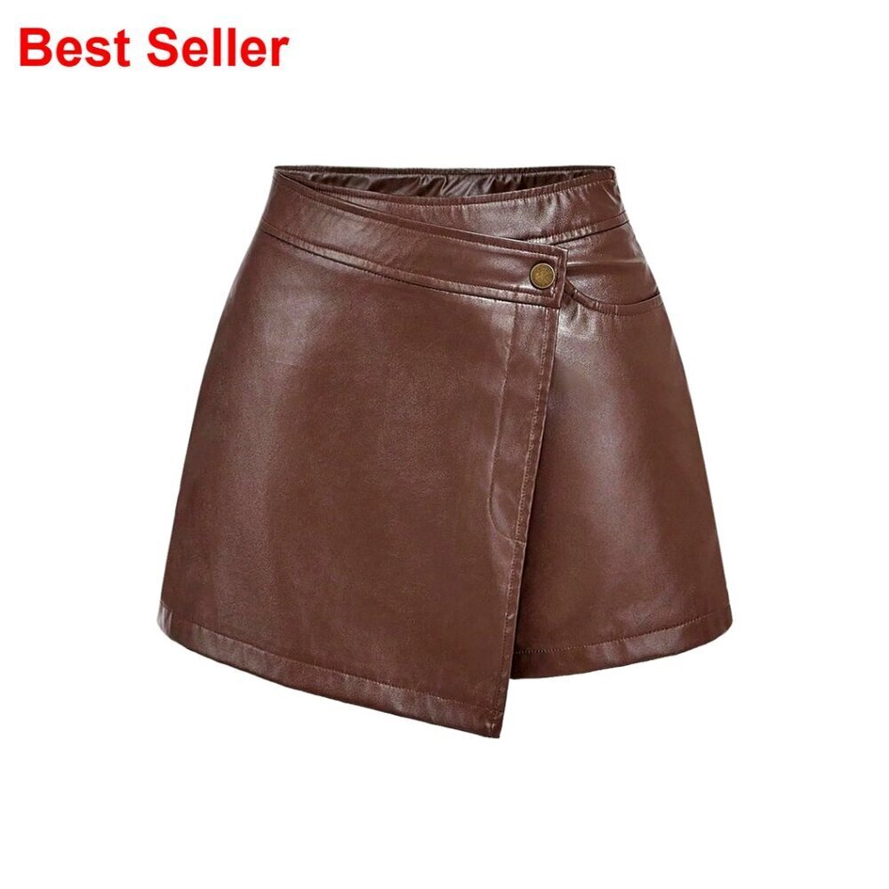 Retro PU Leather Mini Shorts High Rise Asymmetrical Wrap Skorts
